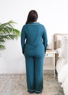 Georgia Rylan Midnight Teal Long Sleeve Bamboo PJ Set model back view — Cloud Nine Pajamas