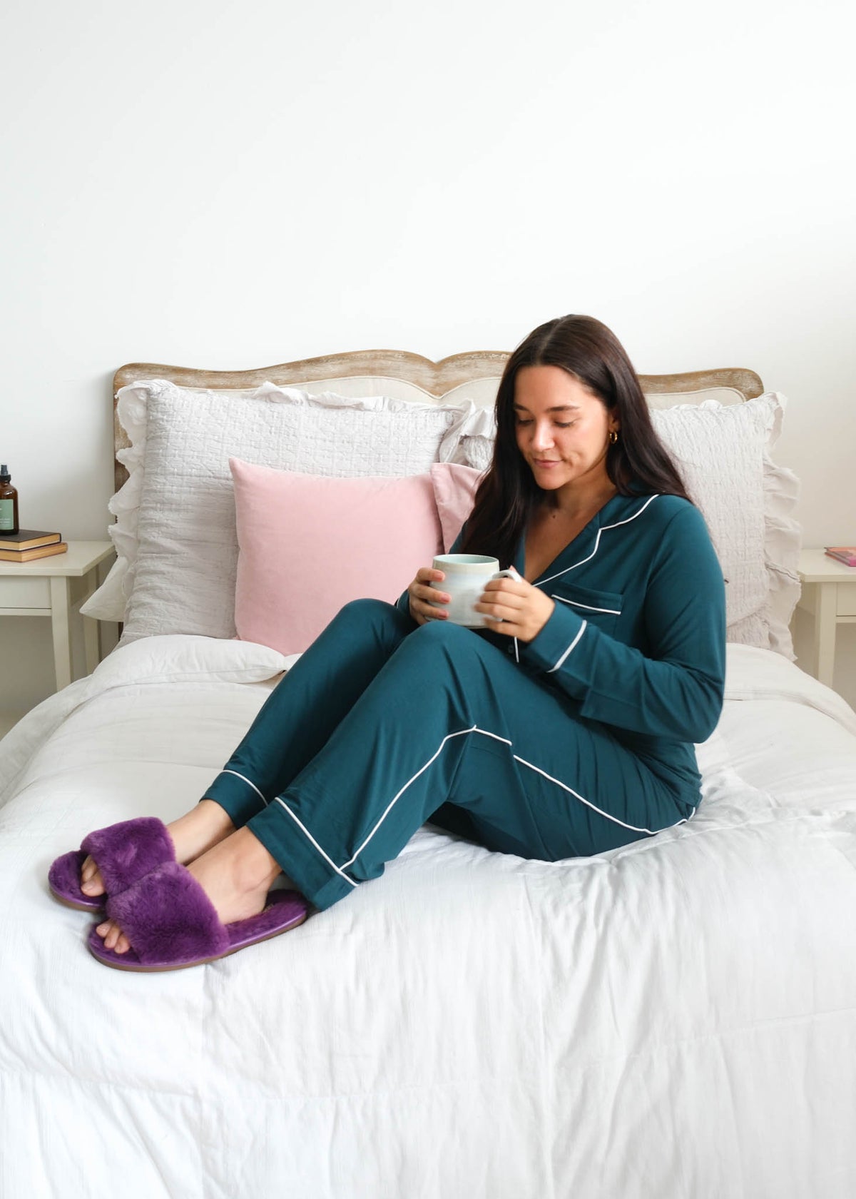 Georgia Rylan Midnight Teal Button-Up PJ Set lifestyle model — Cloud Nine Pajamas Edmonton