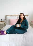 Georgia Rylan Midnight Teal Button-Up PJ Set lifestyle model — Cloud Nine Pajamas Edmonton