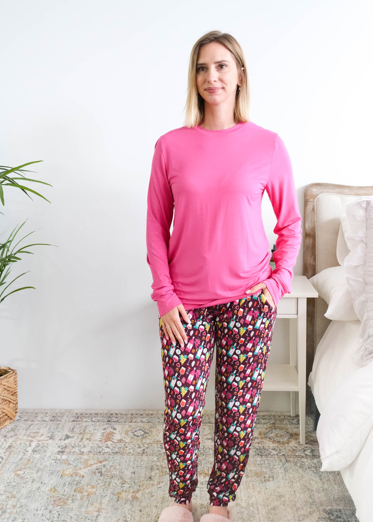 Georgia Rylan Wine Tasting Long Sleeve Jogger Bamboo PJ Set front view on model — Cloud Nine Pajamas Edmonton