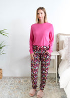 Georgia Rylan Wine Tasting Bamboo Jogger Set model full length with shirt tucked in — Cloud Nine Pajamas