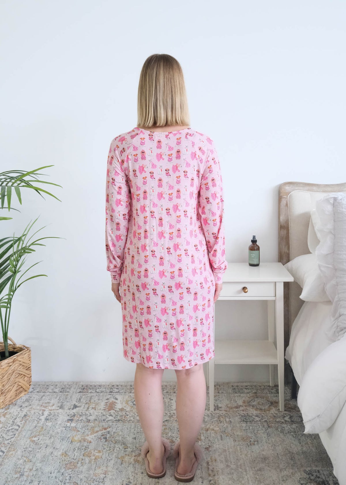Georgia Rylan Chic Puppies Bamboo Nightshirt model back view — Cloud Nine Pajamas Edmonton