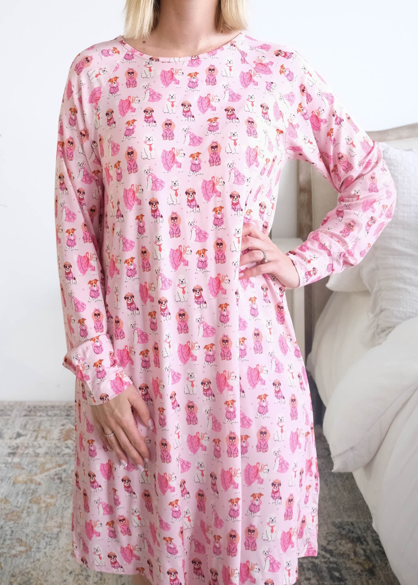 Georgia Rylan Chic Puppies Bamboo Nightshirt print close-up illustrated dogs — Cloud Nine Pajamas