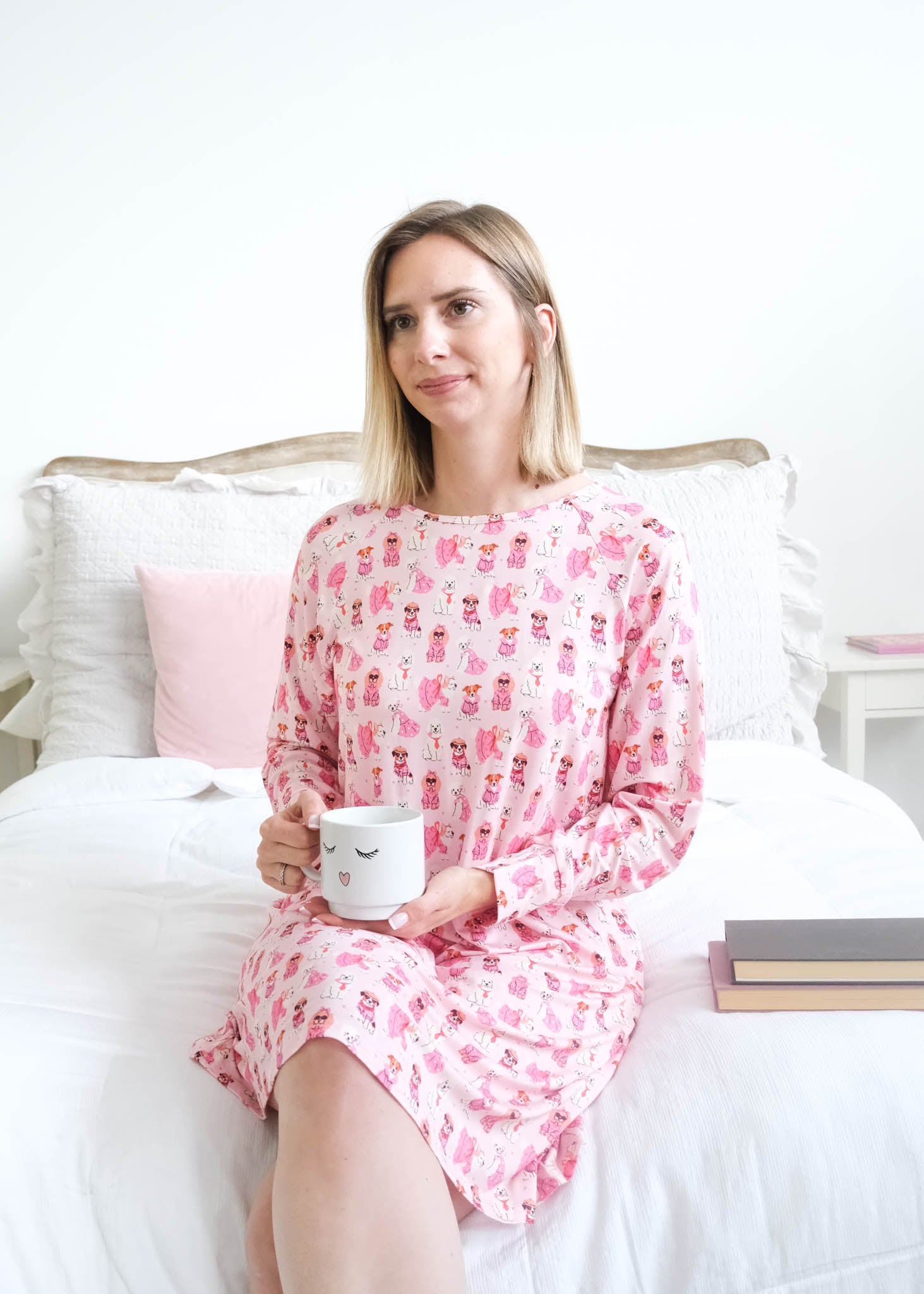 Georgia Rylan Chic Puppies Long Sleeve Bamboo Nightshirt front view on model — Cloud Nine Pajamas Edmonton