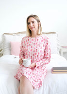 Georgia Rylan Chic Puppies Long Sleeve Bamboo Nightshirt front view on model — Cloud Nine Pajamas Edmonton