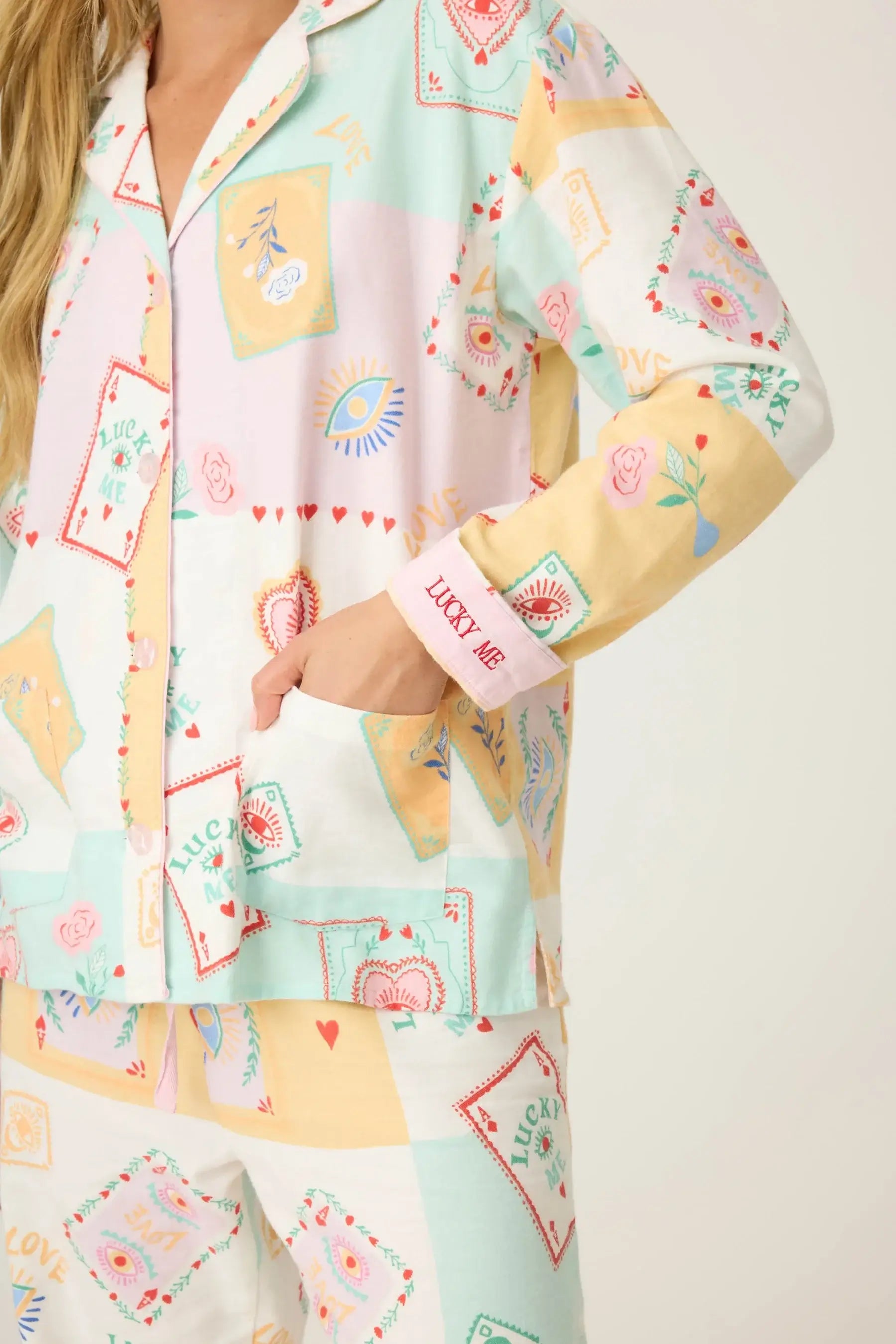 Lucky Me Tarot Card Print 3-Piece Flannel PJ Set with pastel colors and playful designs.