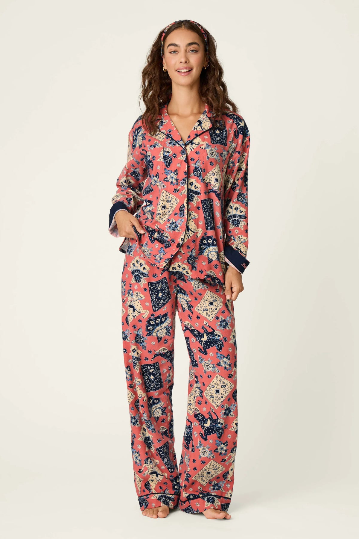 PJ Salvage Lucky in Love Western Print 3-Piece Flannel PJ Set Dark Rose front view on model — Cloud Nine Pajamas Edmonton