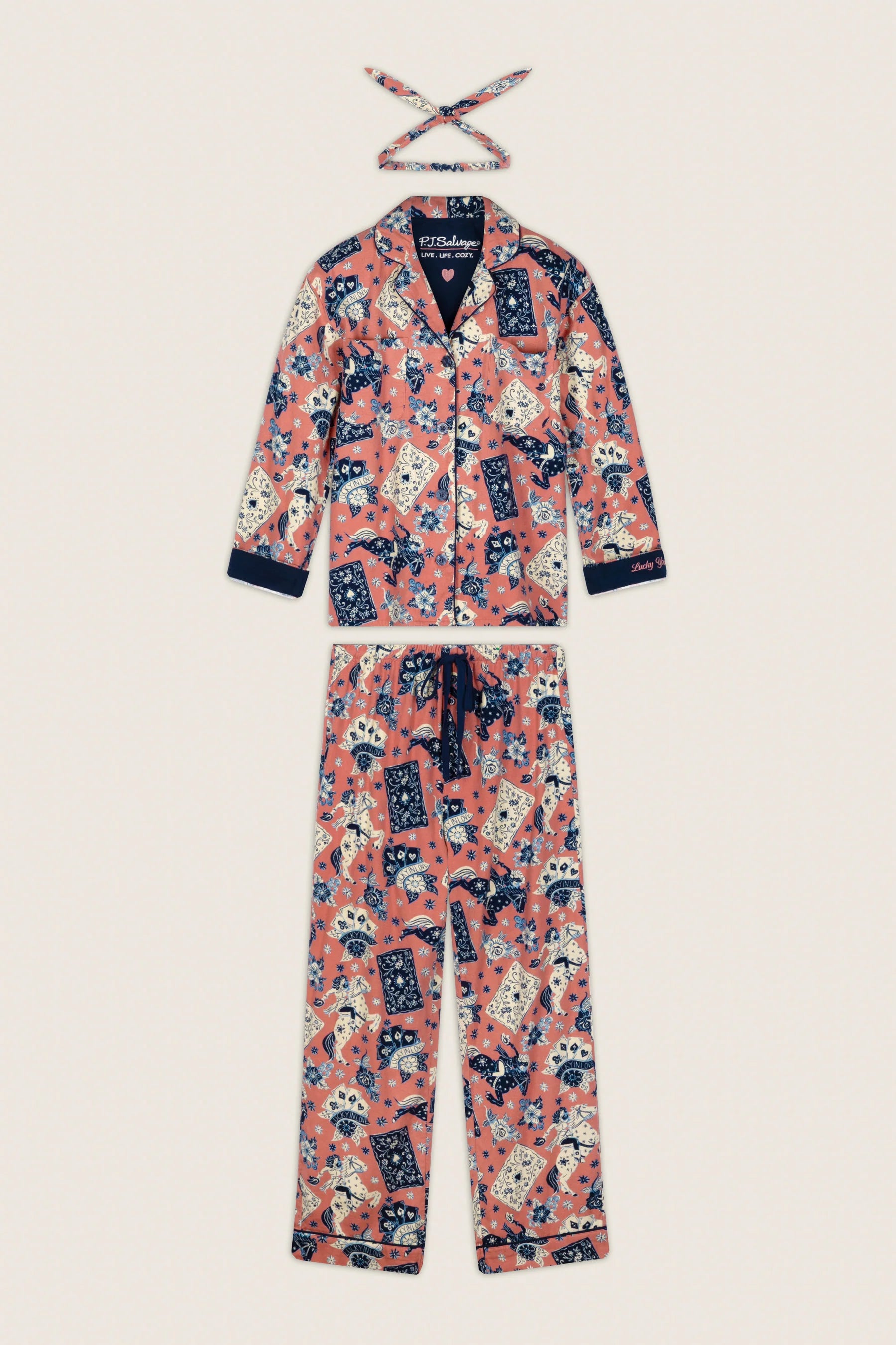 PJ Salvage Lucky in Love Flannel PJ Set full set layout with hair wrap — Cloud Nine Pajamas Edmonton