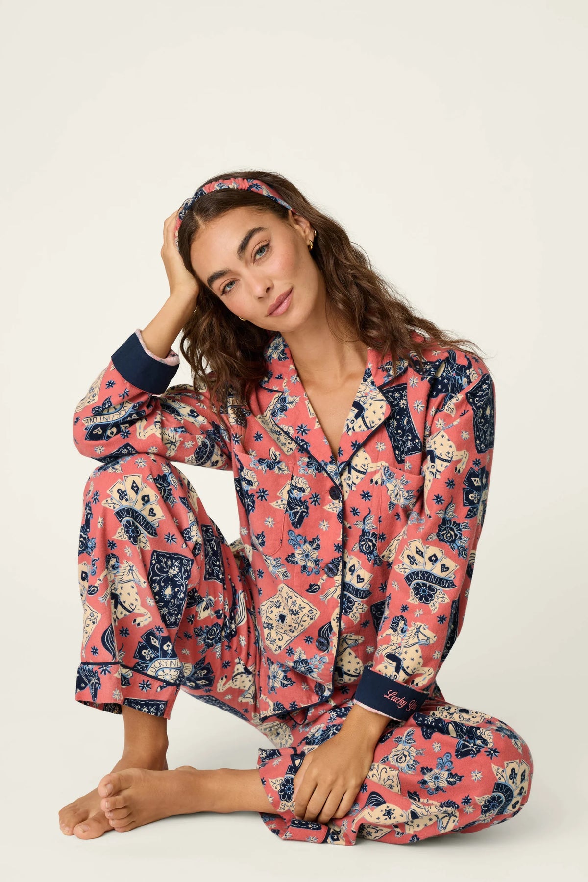 PJ Salvage Lucky in Love western print playing cards women on horseback close-up — Cloud Nine Pajamas