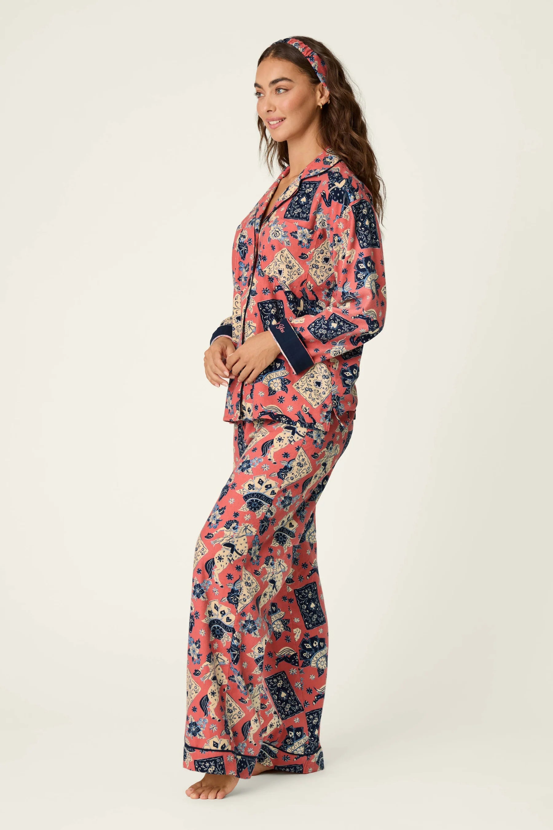 PJ Salvage Lucky in Love Flannel PJ Set model side view — Cloud Nine Pajamas Edmonton