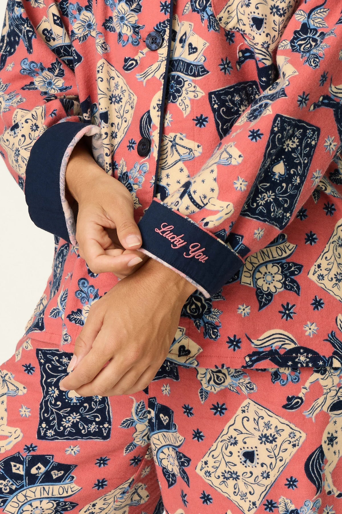 PJ Salvage Lucky in Love Flannel PJ Set Lucky You embroidered contrast cuffs detail — Cloud Nine Pajamas