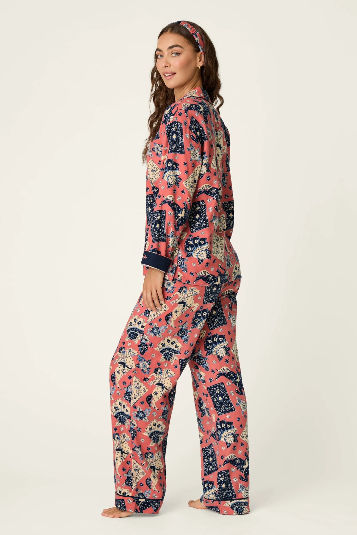 PJ Salvage Lucky in Love Flannel PJ Set model back view — Cloud Nine Pajamas Edmonton