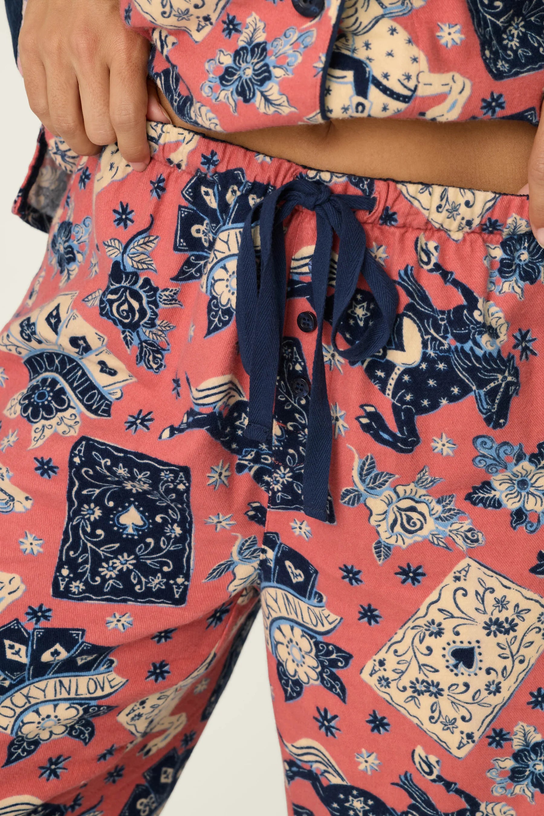 PJ Salvage Lucky in Love Flannel PJ Set pants drawstring waist detail — Cloud Nine Pajamas