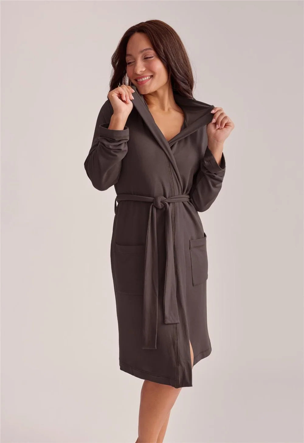 Fleur't Made for You Boyfriend Hooded Robe Espresso front view belted on model — Cloud Nine Pajamas Edmonton