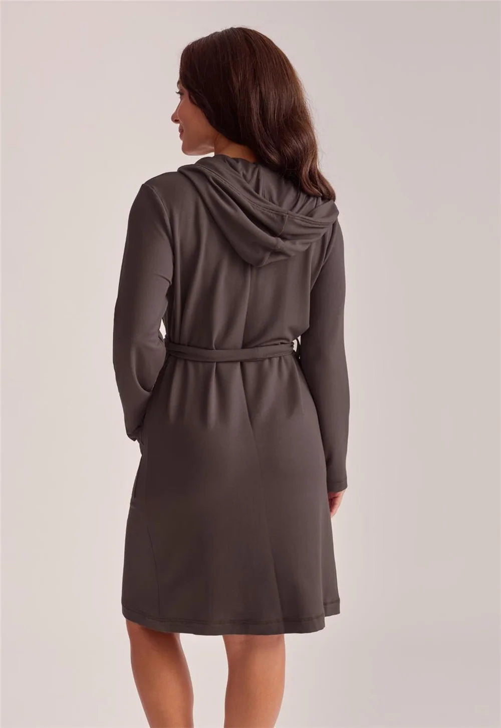Fleur't Made for You Boyfriend Hooded Robe Espresso front view belted on model — Cloud Nine Pajamas Edmonton