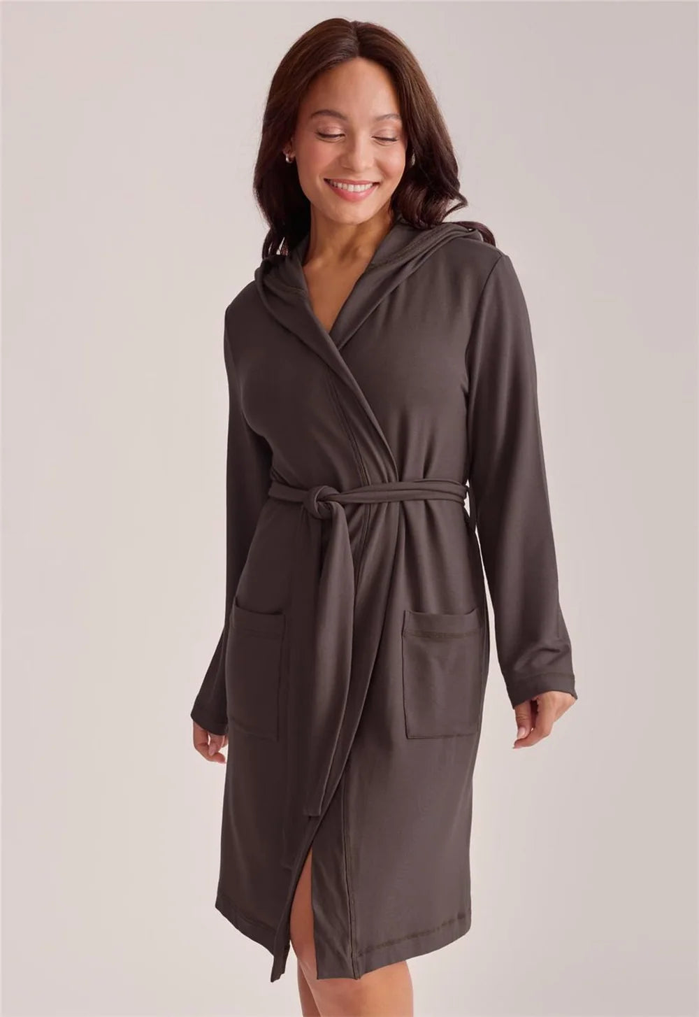 Fleur't Boyfriend Hooded Robe Espresso lifestyle model relaxed — Cloud Nine Pajamas Edmonton