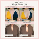 Comparison of 'Magic Breast Lift' bra with and without Boomba, showing different bra and Boomba sizes.