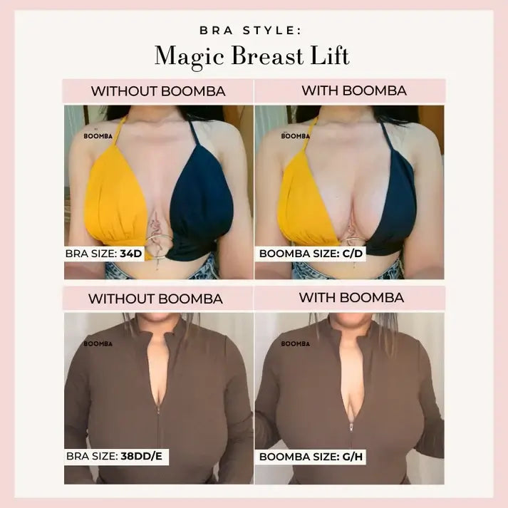 Comparison of 'Magic Breast Lift' bra with and without Boomba, showing different bra and Boomba sizes.