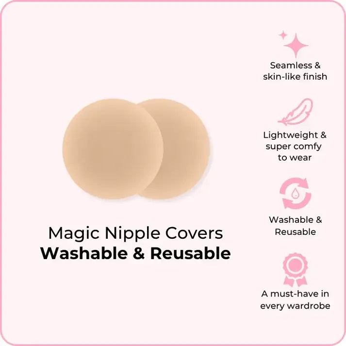 Beige Boomba magic nipple covers with text highlighting features on a pink background