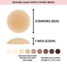 Boomba Magic Nipple Covers beige color swatch with size and skin tone compatibility information.