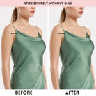 Comparison of a green satin dress labeled 'BOOMBA' before and after application, with text 'Stick securely without glue'.