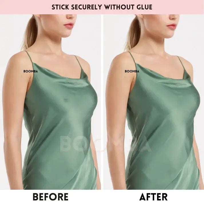 Comparison of a green satin dress labeled 'BOOMBA' before and after application, with text 'Stick securely without glue'.