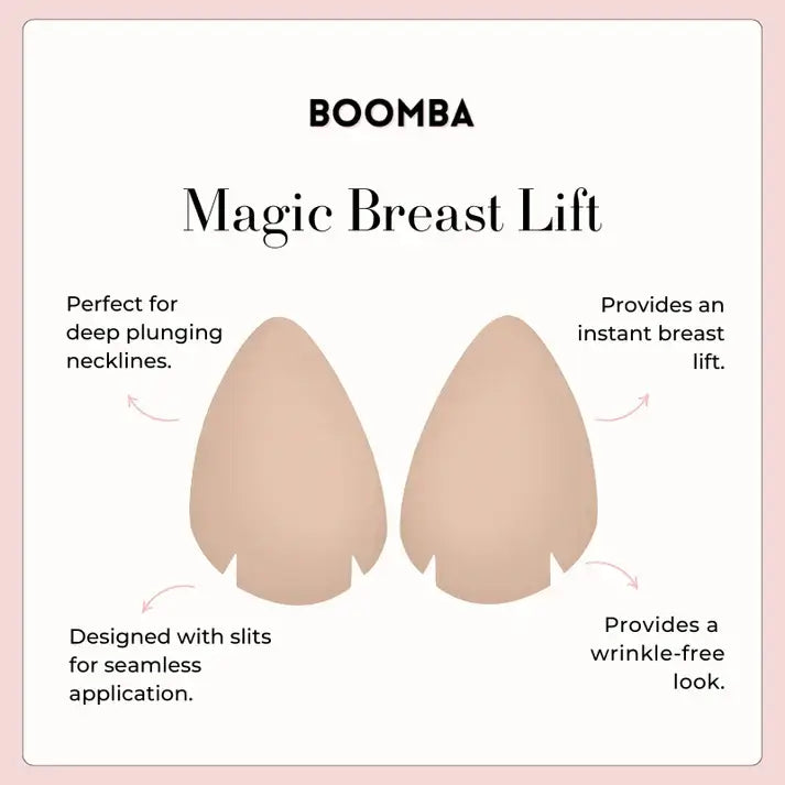 Boomba Magic Breast Lift product with features on a light pink background