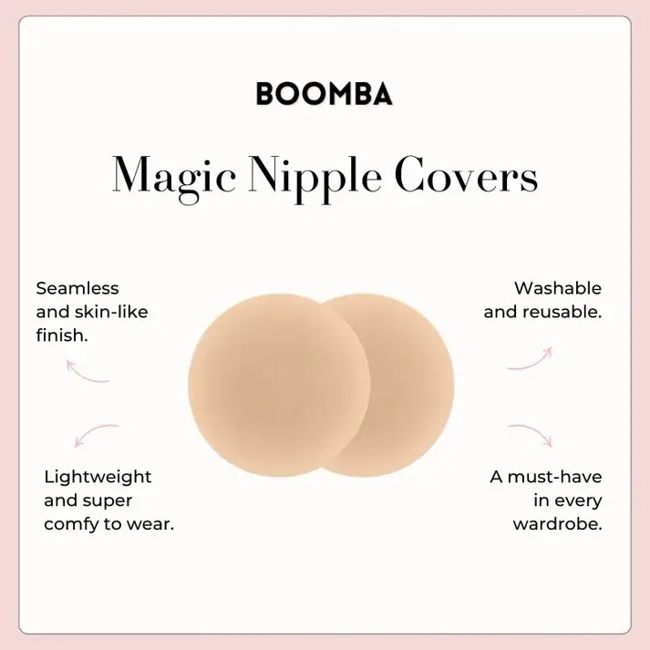 Boomba Magic Nipple Covers with product features on a light pink background