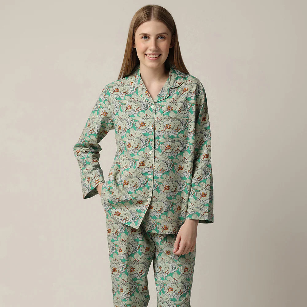 Kimberly Floral Print Button-Down Cotton Pajama Set woman's green floral print button up pajama set with straight leg in 100% cotton by mahogany