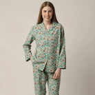 Kimberly Floral Print Button-Down Cotton Pajama Set woman's green floral print button up pajama set with straight leg in 100% cotton by mahogany