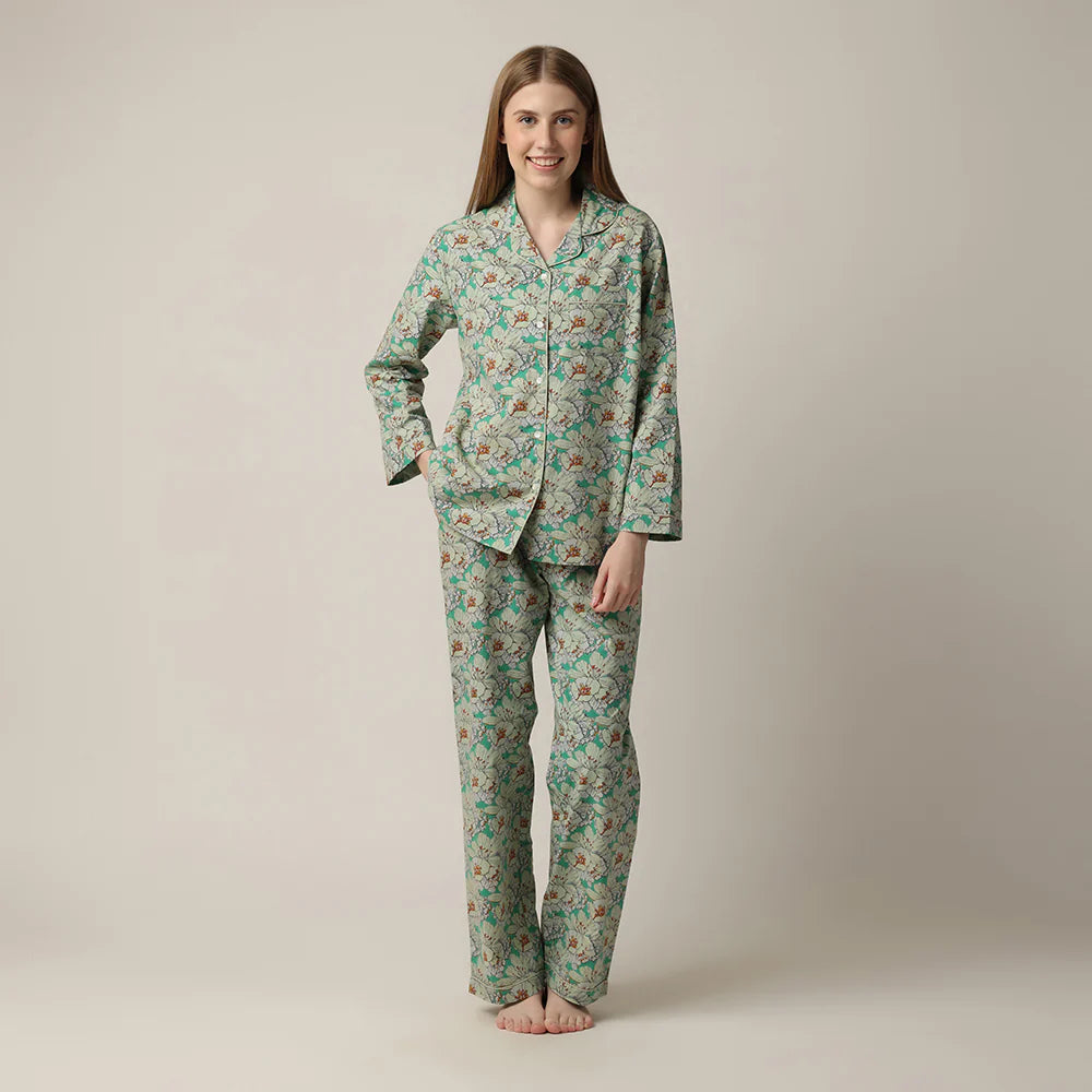 woman's green floral print button up pajama set with straight leg in 100% cotton