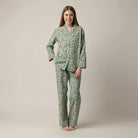 woman's green floral print button up pajama set with straight leg in 100% cotton