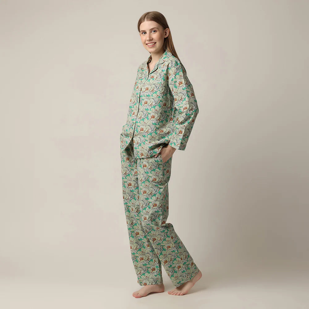 woman's green floral print button up pajama set with straight leg in 100% cotton