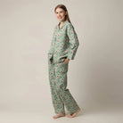 woman's green floral print button up pajama set with straight leg in 100% cotton