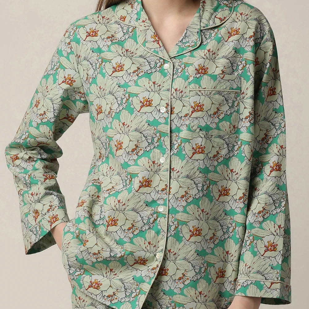woman's green floral print button up pajama set with straight leg in 100% cotton