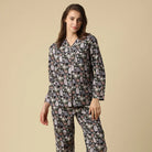 Kitty Cat PJ set button up long sleeve straight pant in 100% cotton featuring grey cat and pink blossom print.