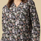 Kitty Cat PJ set button up long sleeve straight pant in 100% cotton featuring grey cat and pink blossom print. - close up of print