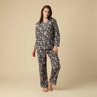 Kitty Cat PJ set button up long sleeve straight pant in 100% cotton featuring grey cat and pink blossom print.
