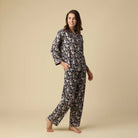 Kitty Cat PJ set button up long sleeve straight pant in 100% cotton featuring grey cat and pink blossom print. Full length showing pants