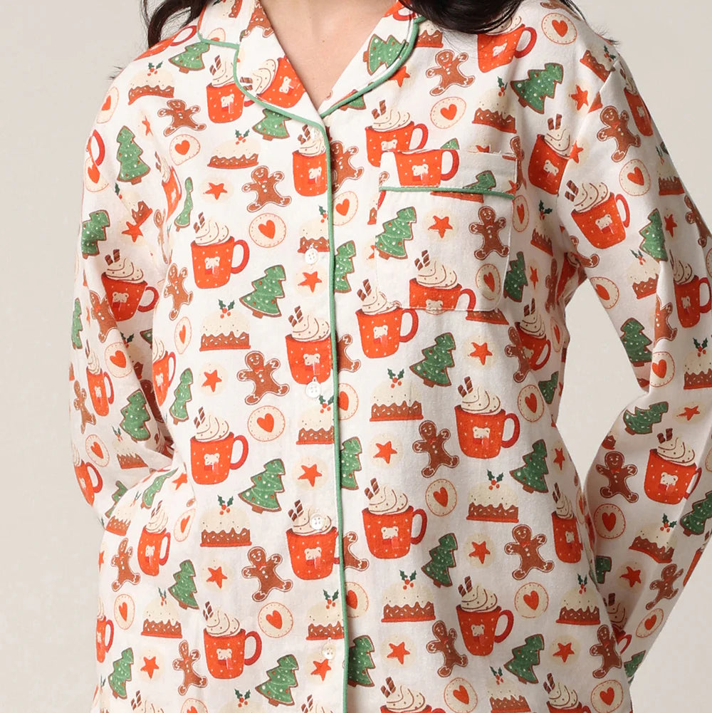 women's cotton flannel button up pj set with hot cocoa and cookies print by mahogany