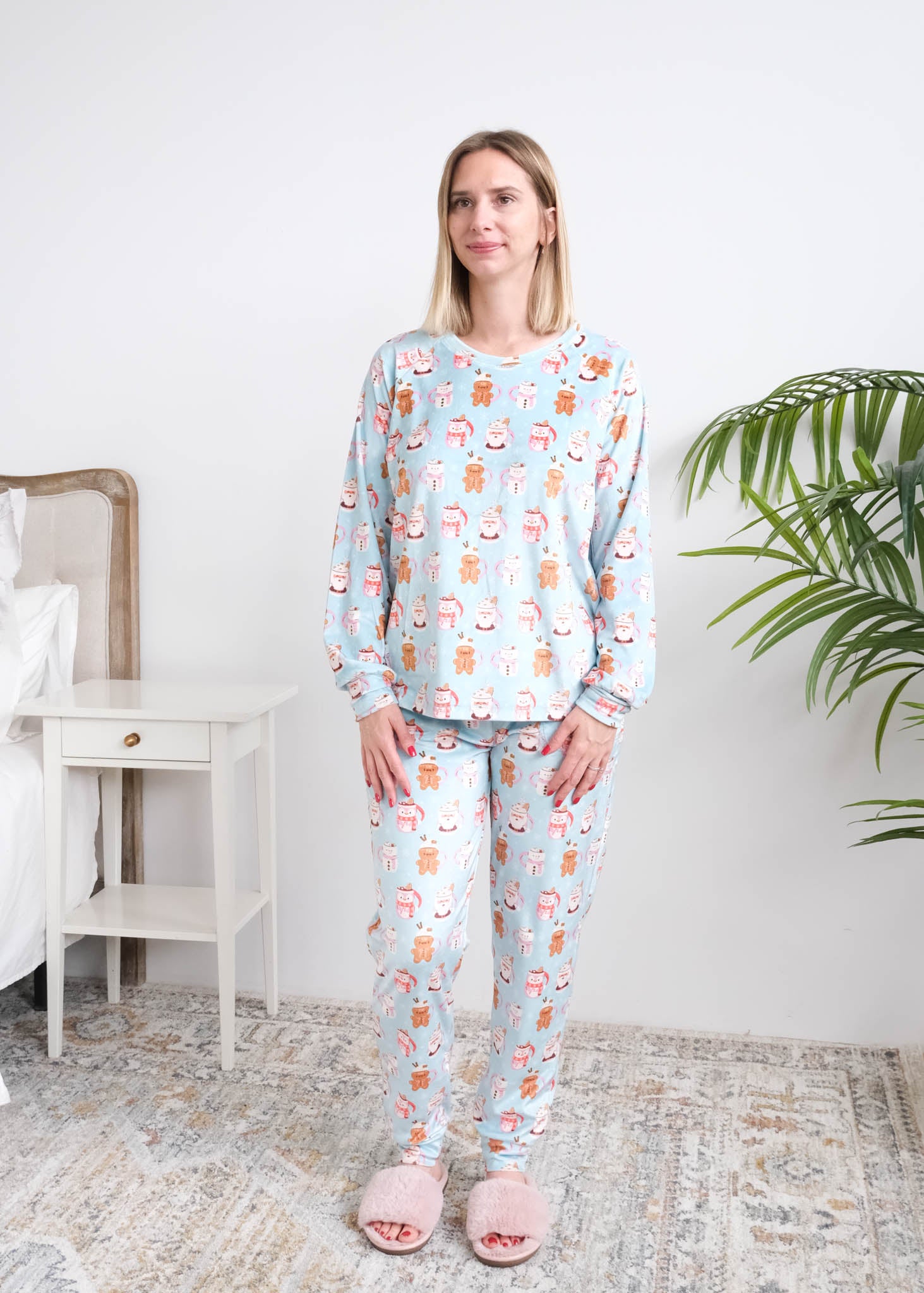 Miranda Nic Coffee and Cocoa Velour PJ Set full length front view on model — Cloud Nine Pajamas Edmonton