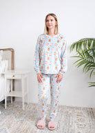 Miranda Nic Coffee and Cocoa Velour PJ Set full length front view on model — Cloud Nine Pajamas Edmonton