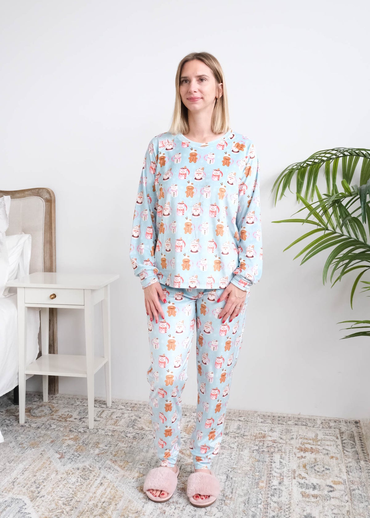 Miranda Nic Coffee and Cocoa Velour PJ Set full length front view on model — Cloud Nine Pajamas Edmonton