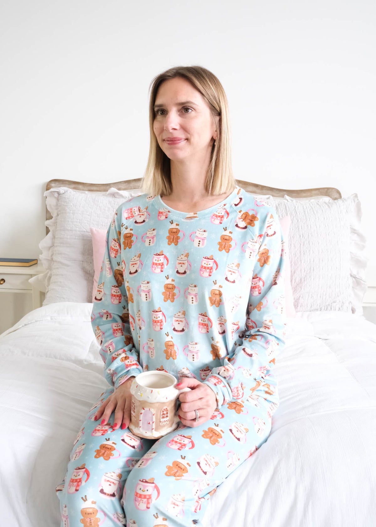 Miranda Nic Coffee and Cocoa Velour PJ Set lifestyle seated model — Cloud Nine Pajamas Edmonton