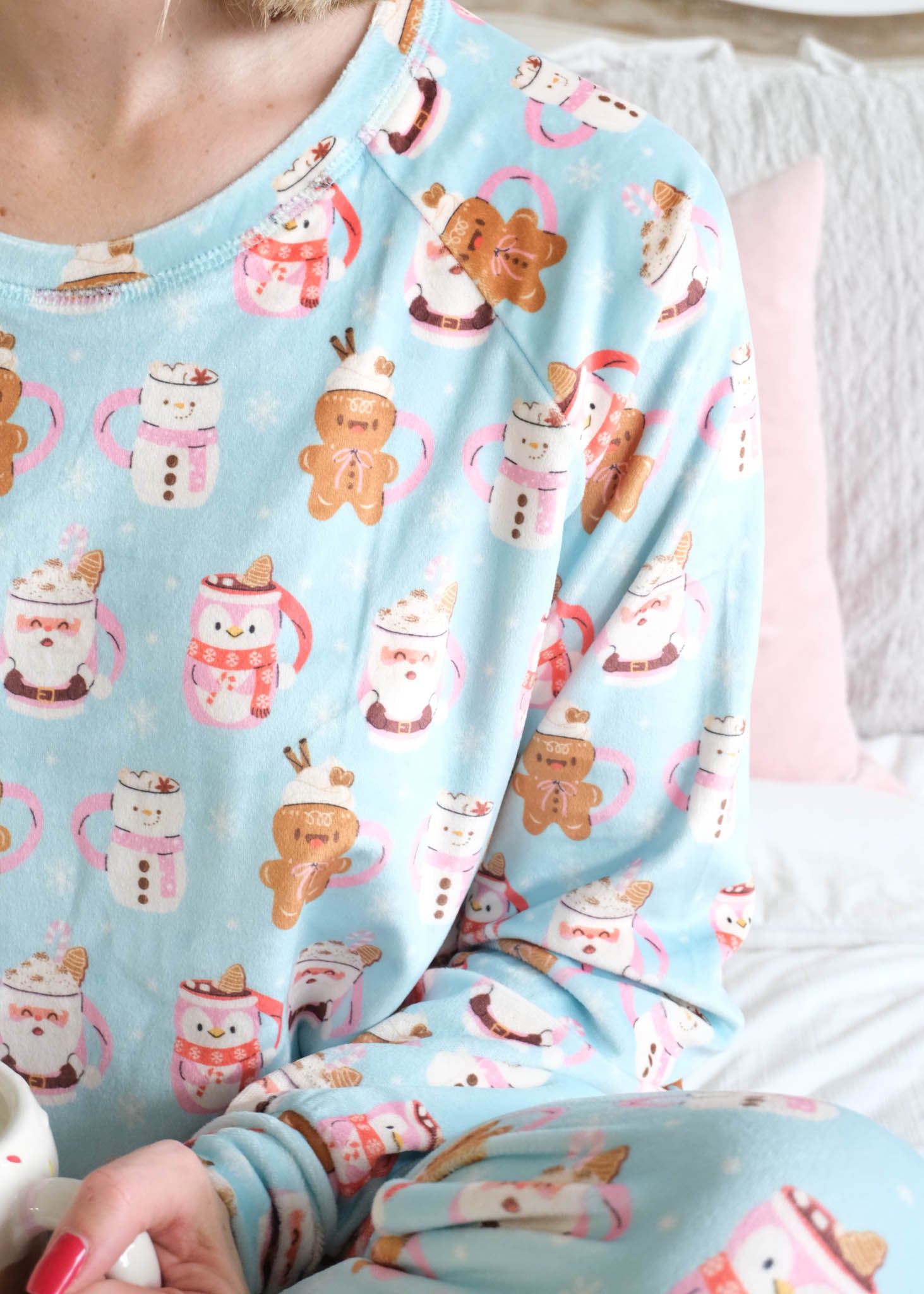 Miranda Nic Coffee and Cocoa Velour PJ Set top detail clean neckline — Cloud Nine Pajamas Edmonton