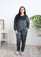 Miranda Nic Evergreen Dreams Velvety Velour Jogger PJ Set lifestyle front view — Cloud Nine Pajamas Edmonton