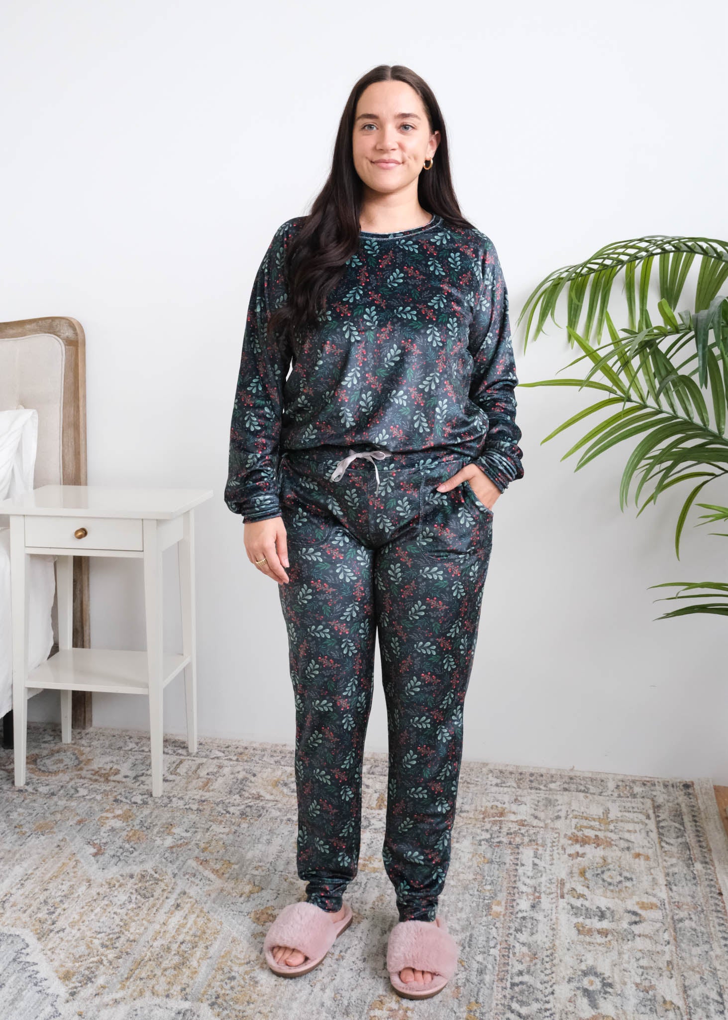 Miranda Nic Evergreen Dreams Velour PJ Set full length front view on model tucked in to show drawstring — Cloud Nine Pajamas Edmonton