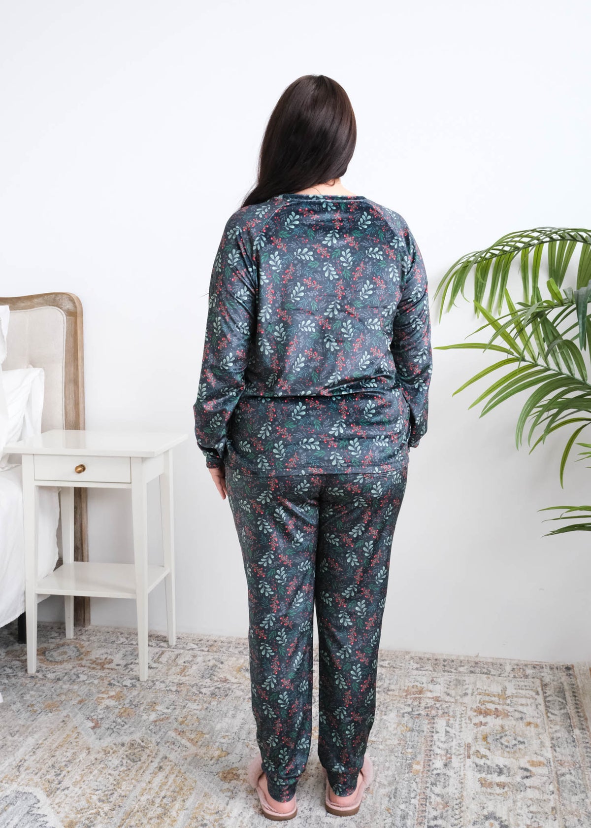 Miranda Nic Evergreen Dreams Velour PJ Set back view — Cloud Nine Pajamas Edmonton