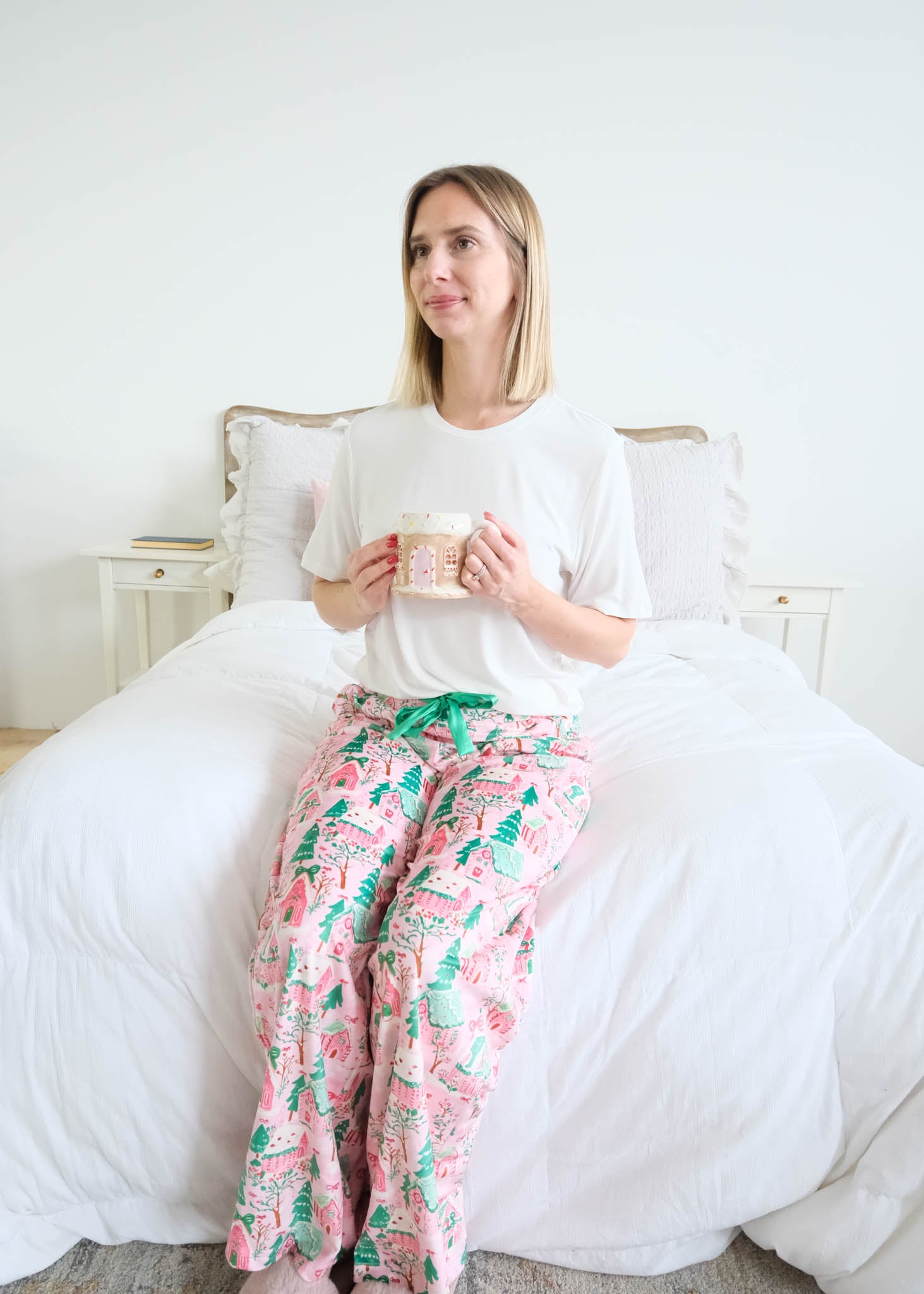 Miranda Nic Sugar Plum Dreams Velour Straight-Leg Pant separates lifestyle front view seated — Cloud Nine Pajamas Edmonton
