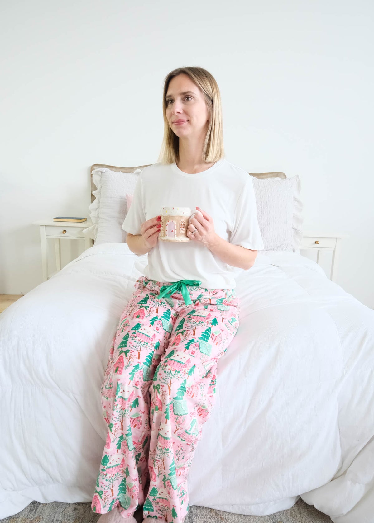 Miranda Nic Sugar Plum Dreams Velour Straight-Leg Pant separates lifestyle front view seated — Cloud Nine Pajamas Edmonton